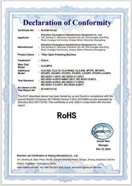 Κίνα Shenzhen Chuanglixun Optoelectronic Equipment Co., Ltd. Πιστοποιήσεις